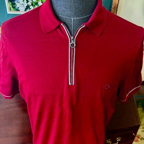 Salvatore Ferragamo Men's 1/4 Zip Embroidered Pique Polo Shirt, Red, L Excellent - Picture 1 of 13